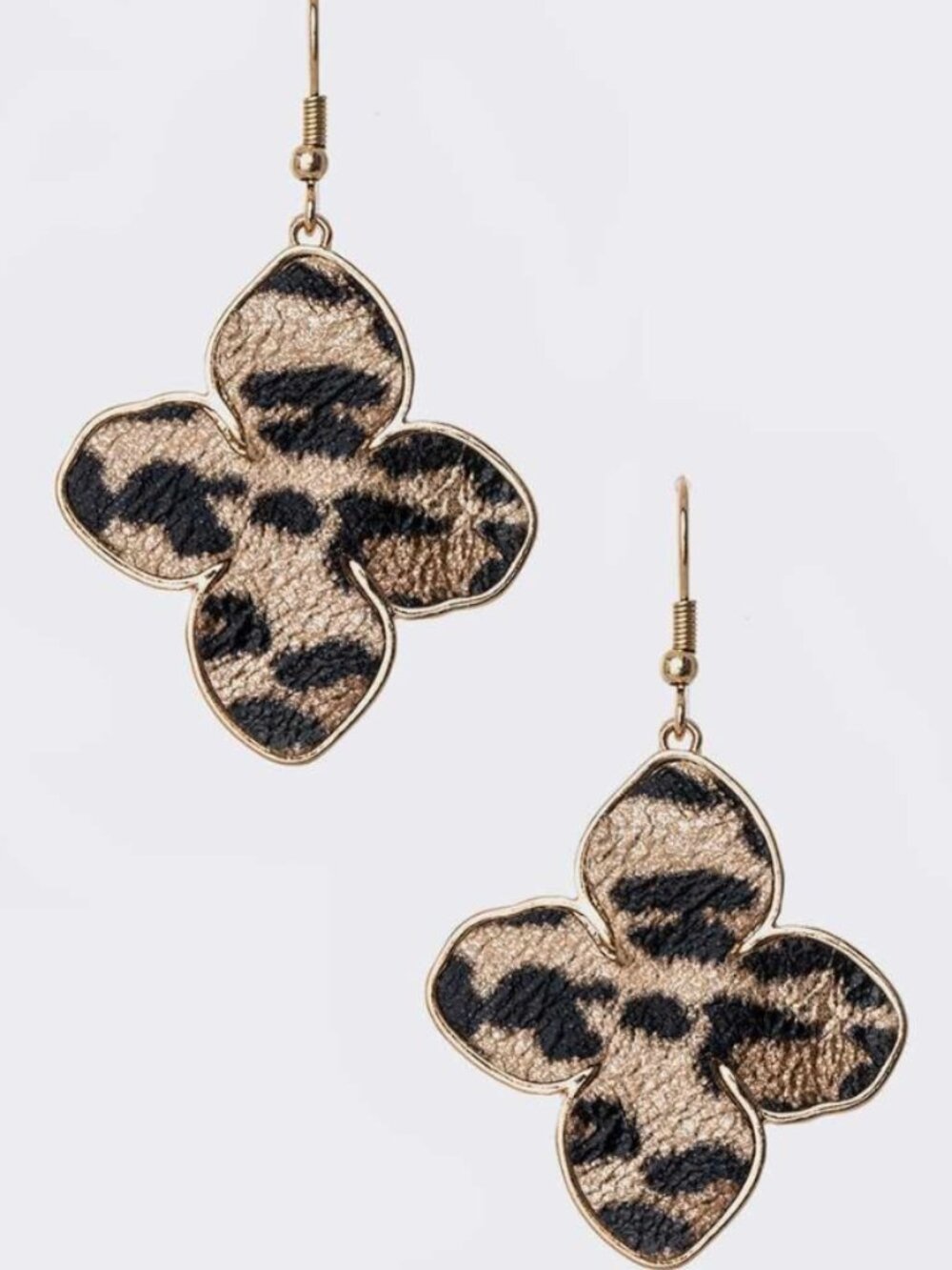 Leopard Print Faux Fur Lined Gold Animal Print Clover Drop Earrings